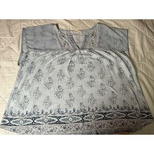 Lucky Brand Boho Floral Top Women's XL Blue White Border Print Short Sleeve